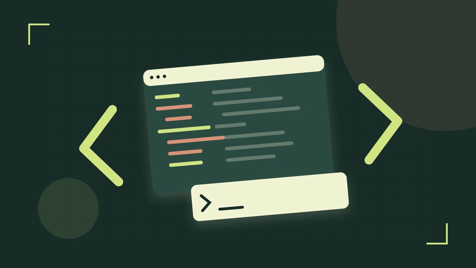 Editorial illustration of an abstract code editor, syntax blocks and oversized programming brackets