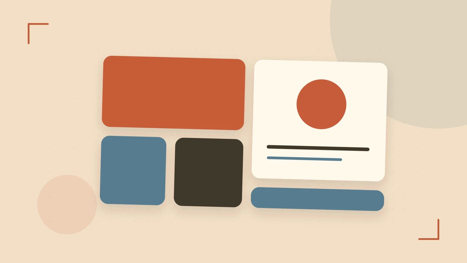 Editorial illustration of responsive browser layouts, overlapping design components and a color system