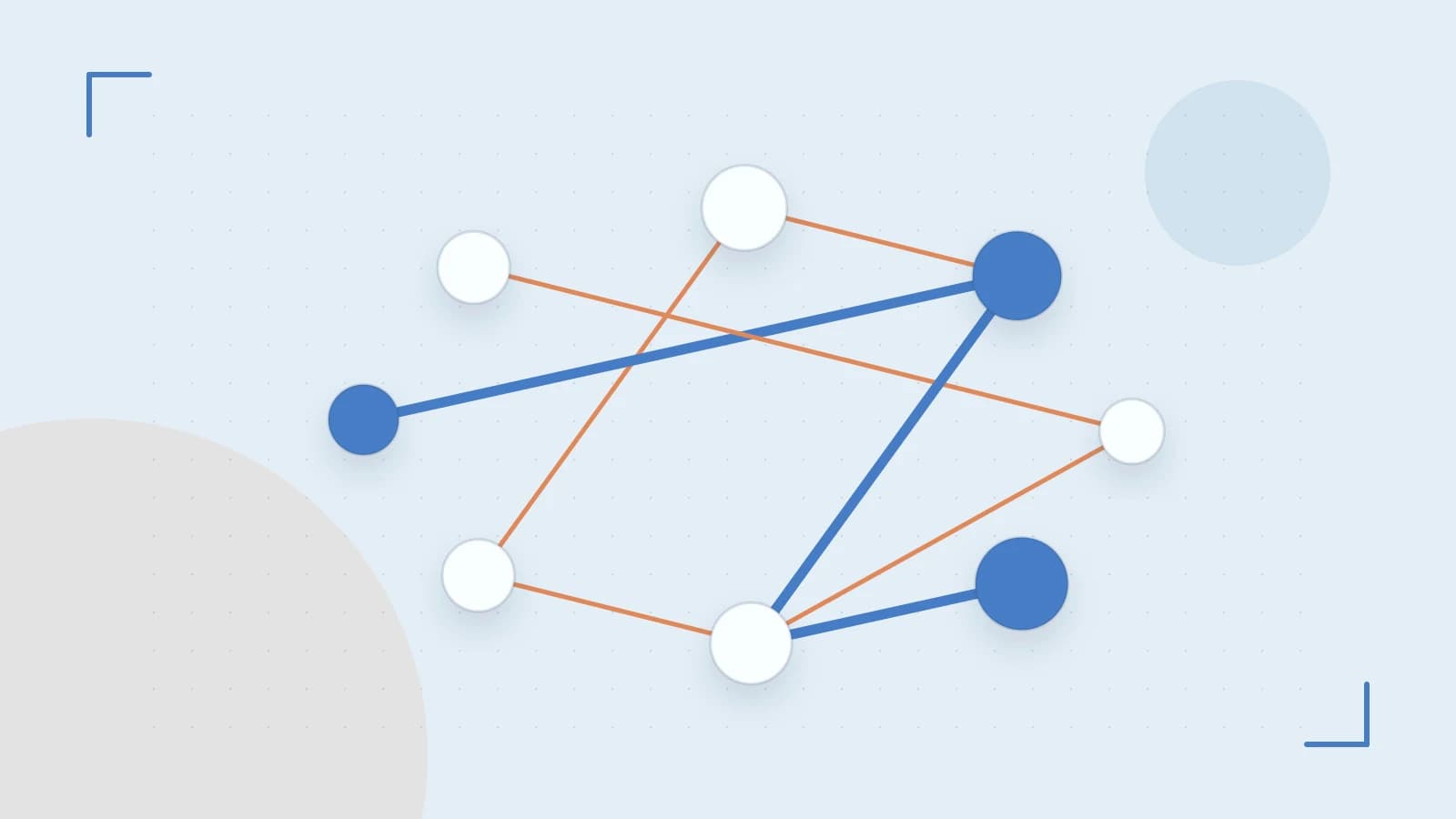 Editorial illustration of an algorithmic node graph with branching paths and a highlighted result