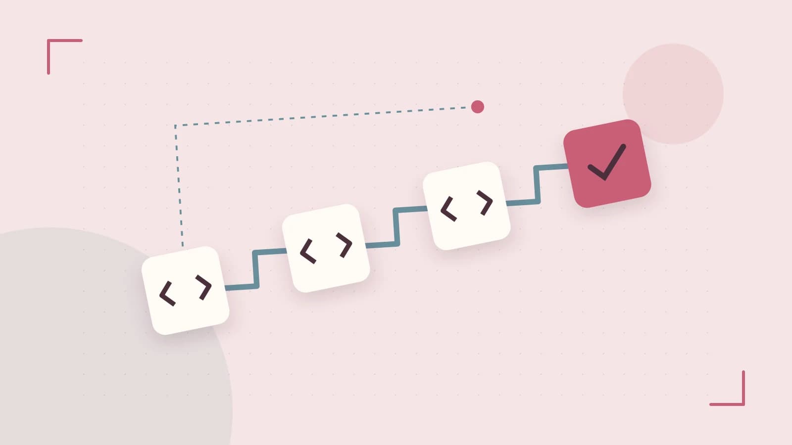 Editorial illustration of a branching build pipeline, staged transformations and a completed check