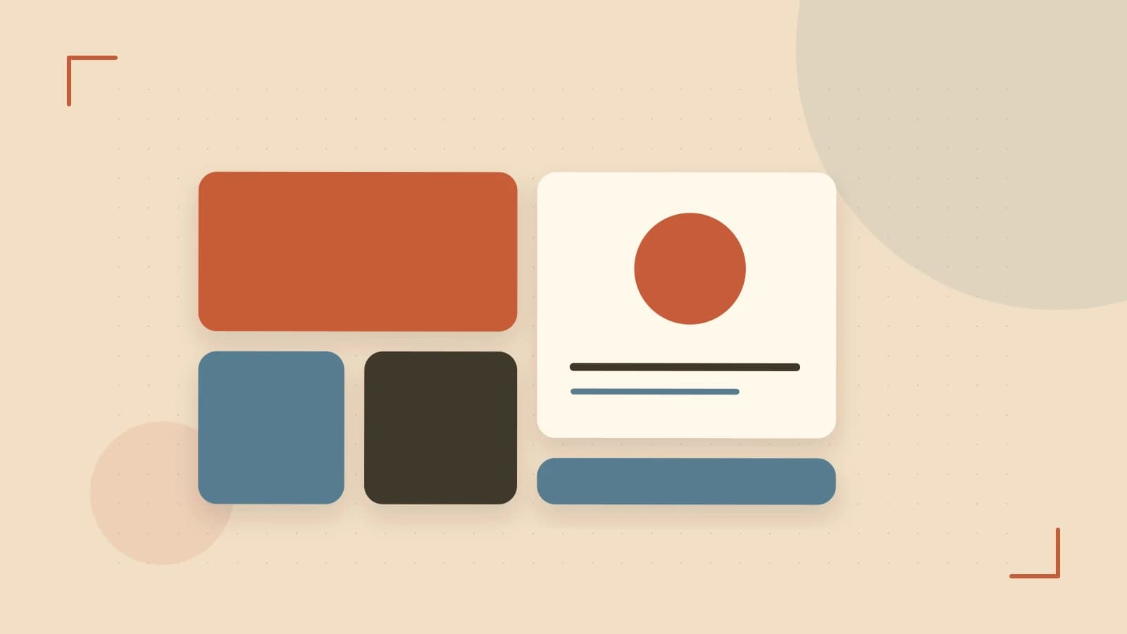 Editorial illustration of responsive browser layouts, overlapping design components and a color system