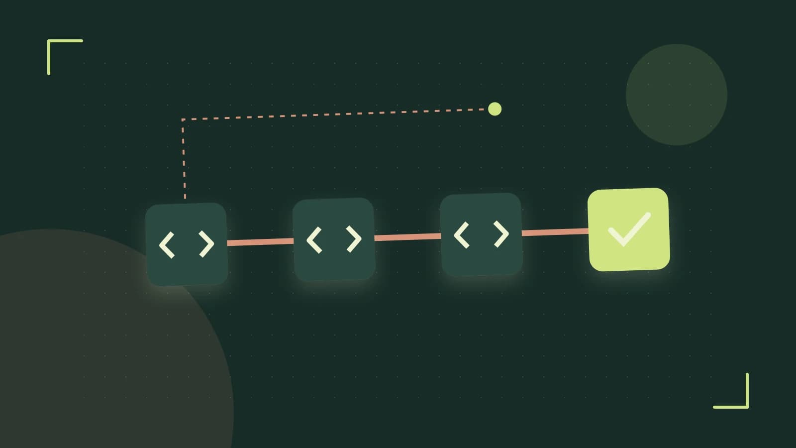 Editorial illustration of a branching build pipeline, staged transformations and a completed check