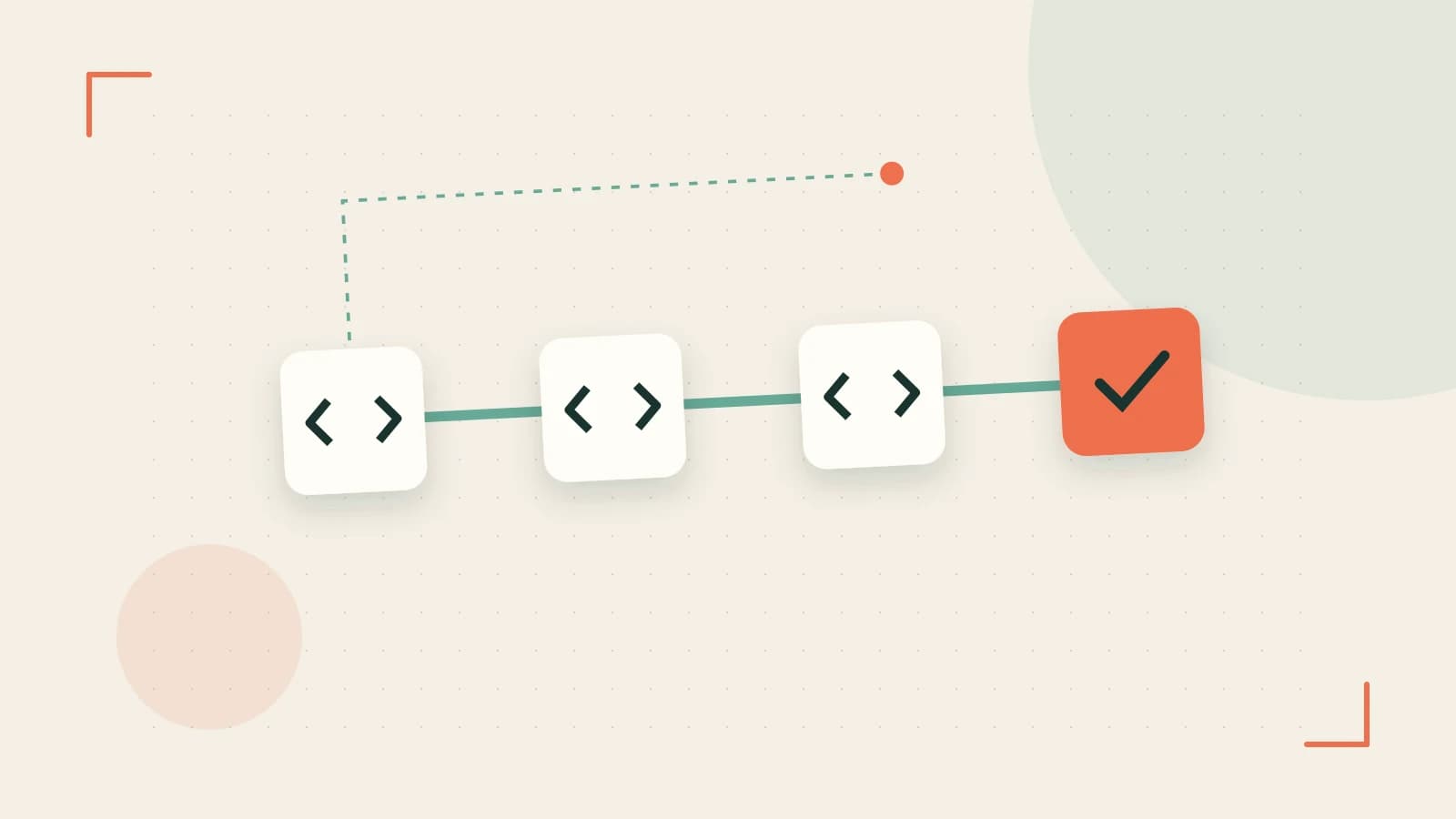 Editorial illustration of a branching build pipeline, staged transformations and a completed check