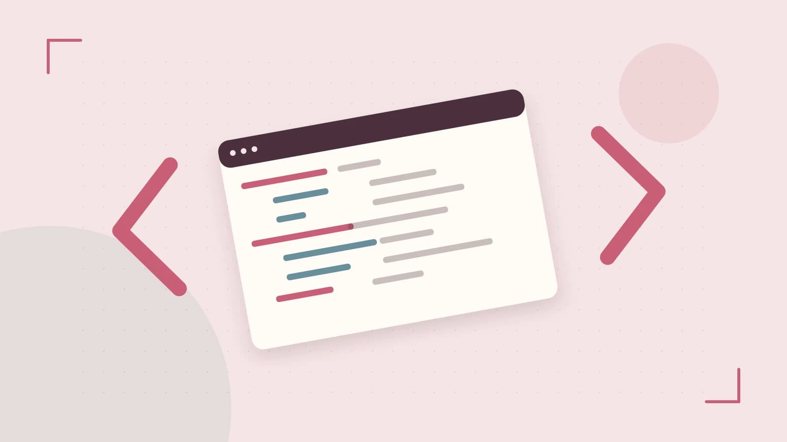 Editorial illustration of an abstract code editor, syntax blocks and oversized programming brackets