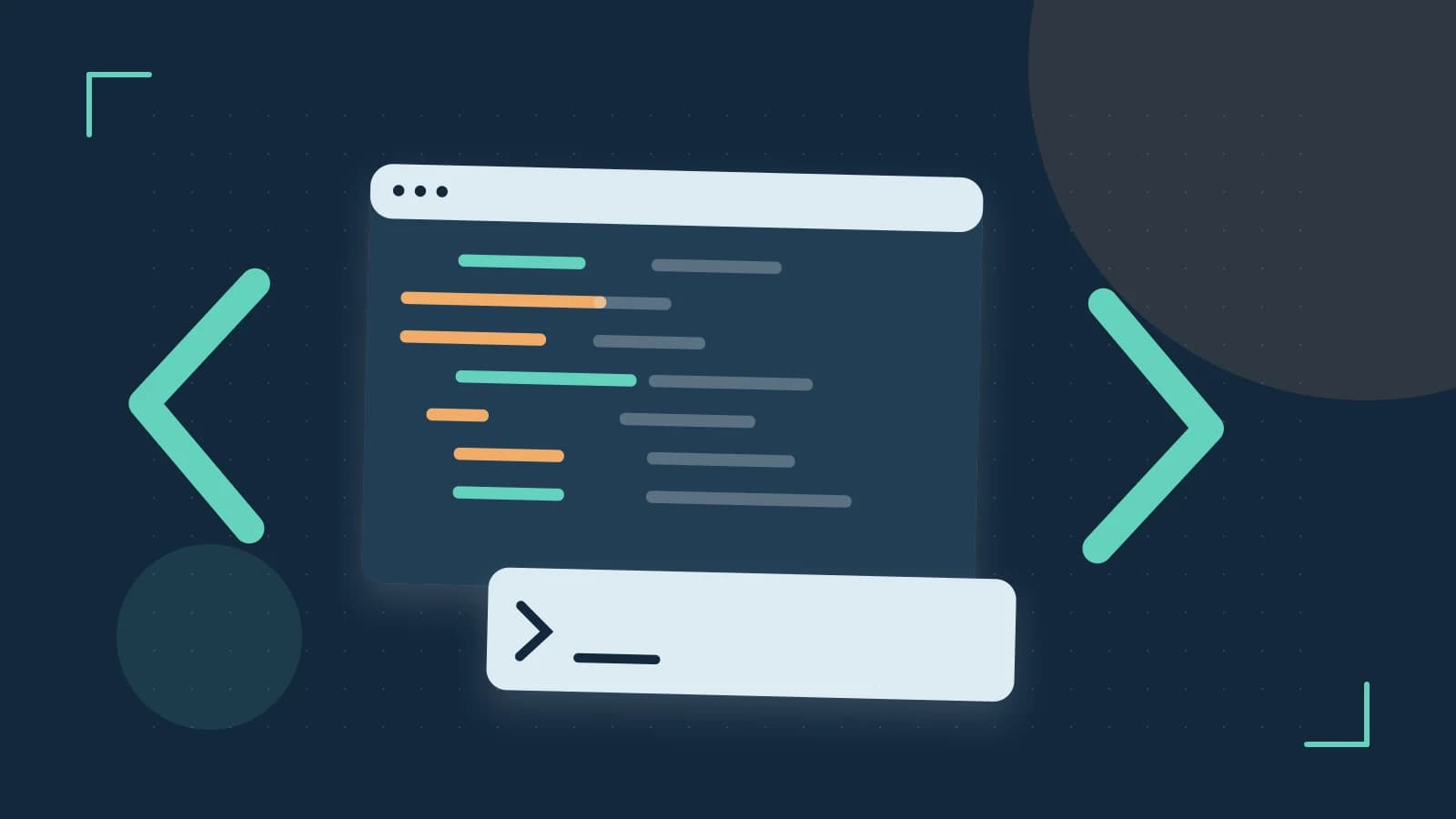 Editorial illustration of an abstract code editor, syntax blocks and oversized programming brackets