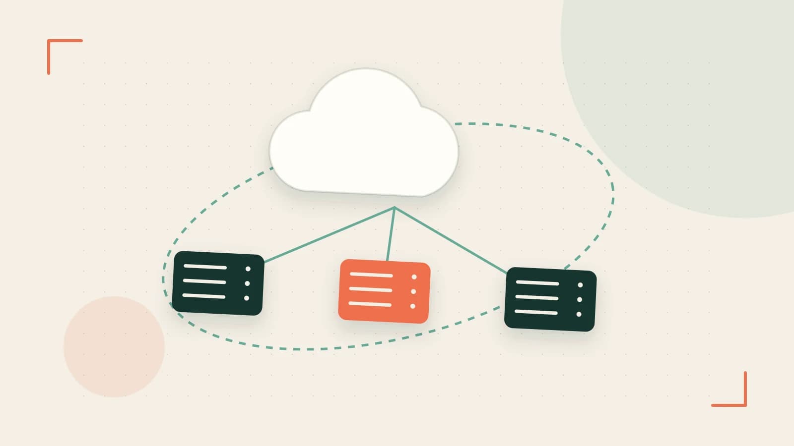 Editorial illustration of cloud infrastructure, connected server racks and an orbital service map