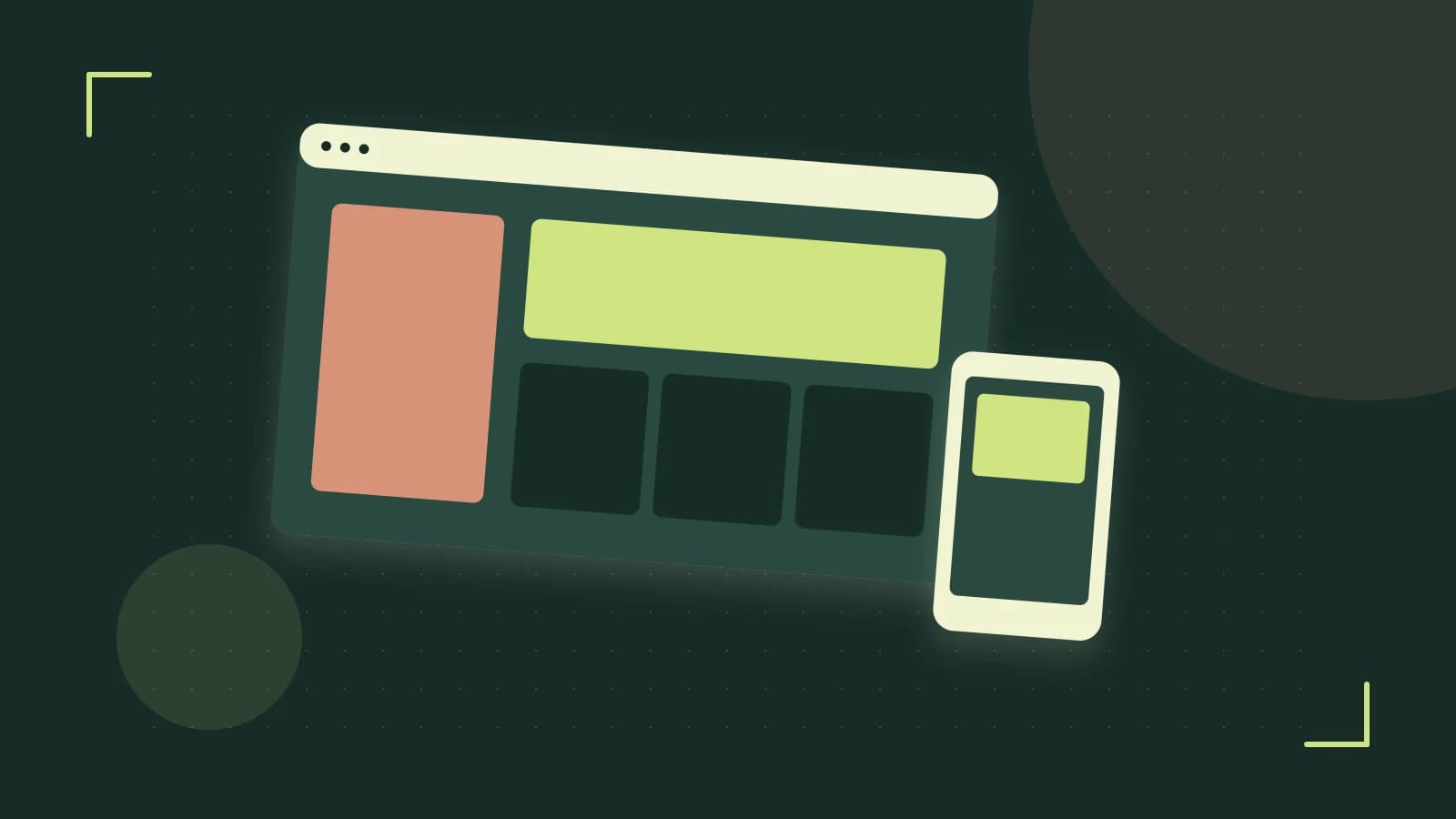 Editorial illustration of responsive browser layouts, overlapping design components and a color system