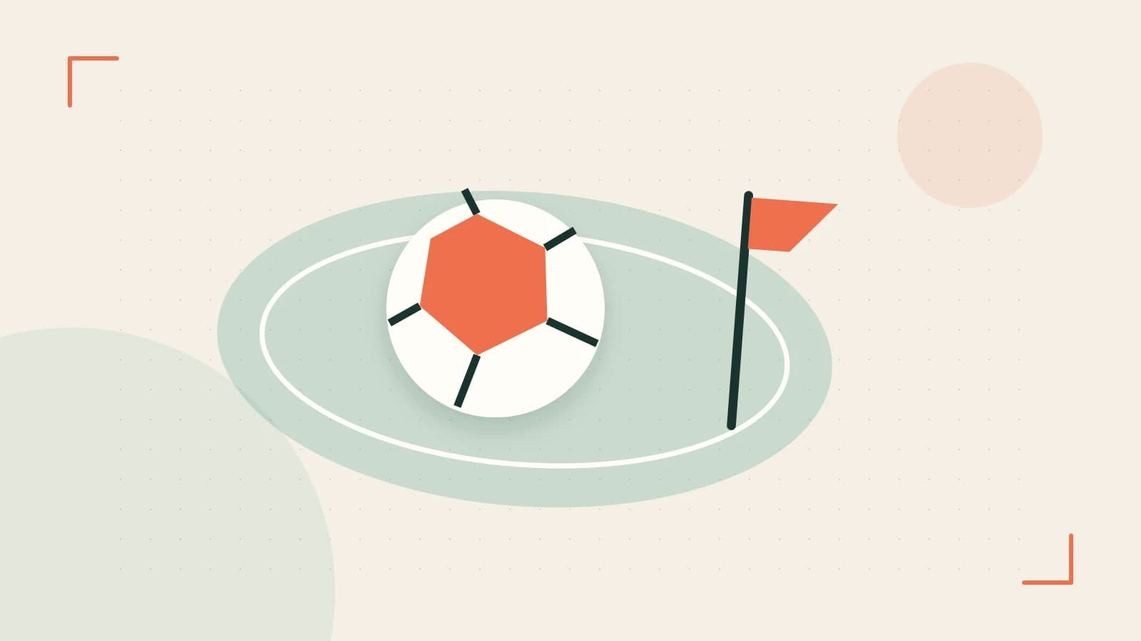Editorial illustration of a stylized sports ball, stadium geometry and dynamic arcs
