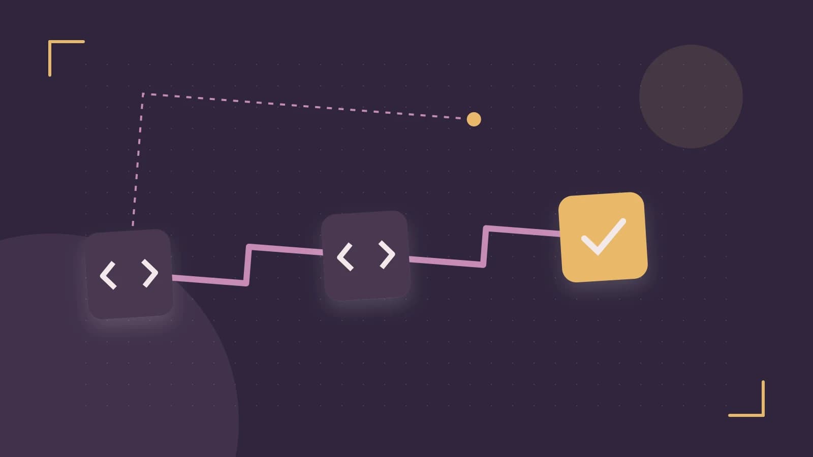 Editorial illustration of a branching build pipeline, staged transformations and a completed check