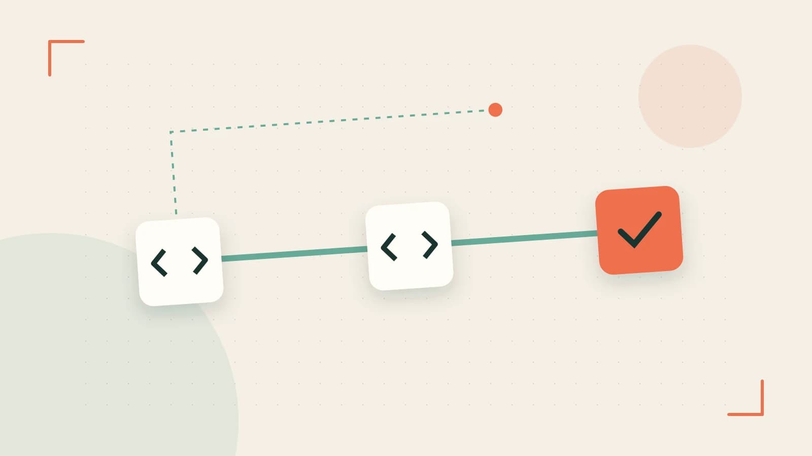 Editorial illustration of a branching build pipeline, staged transformations and a completed check