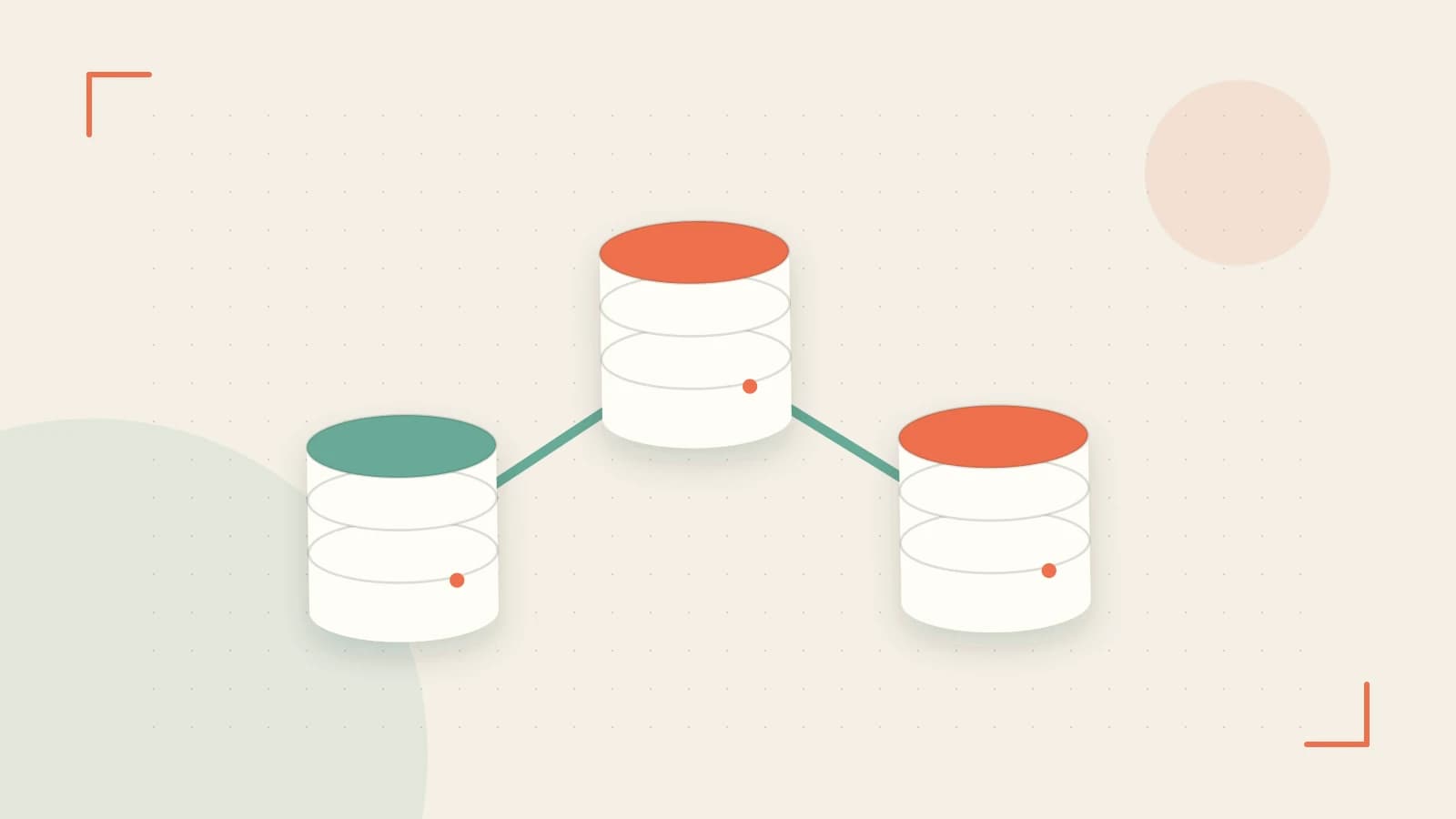 Editorial illustration of structured records, database cylinders and relationships between tables