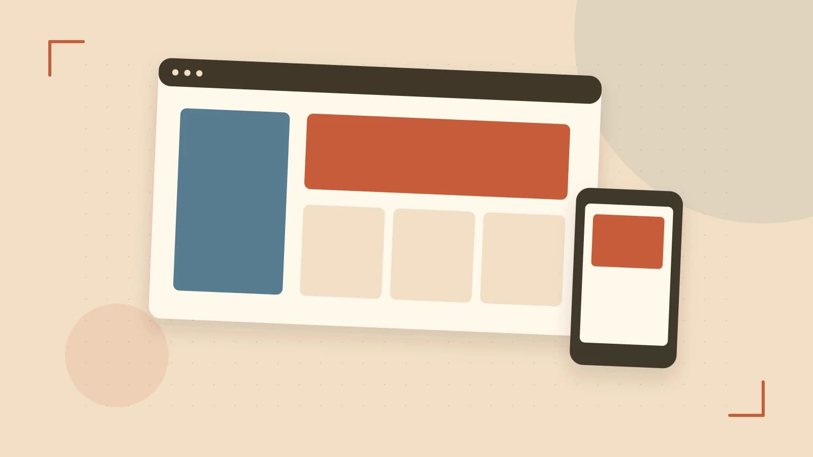 Editorial illustration of responsive browser layouts, overlapping design components and a color system