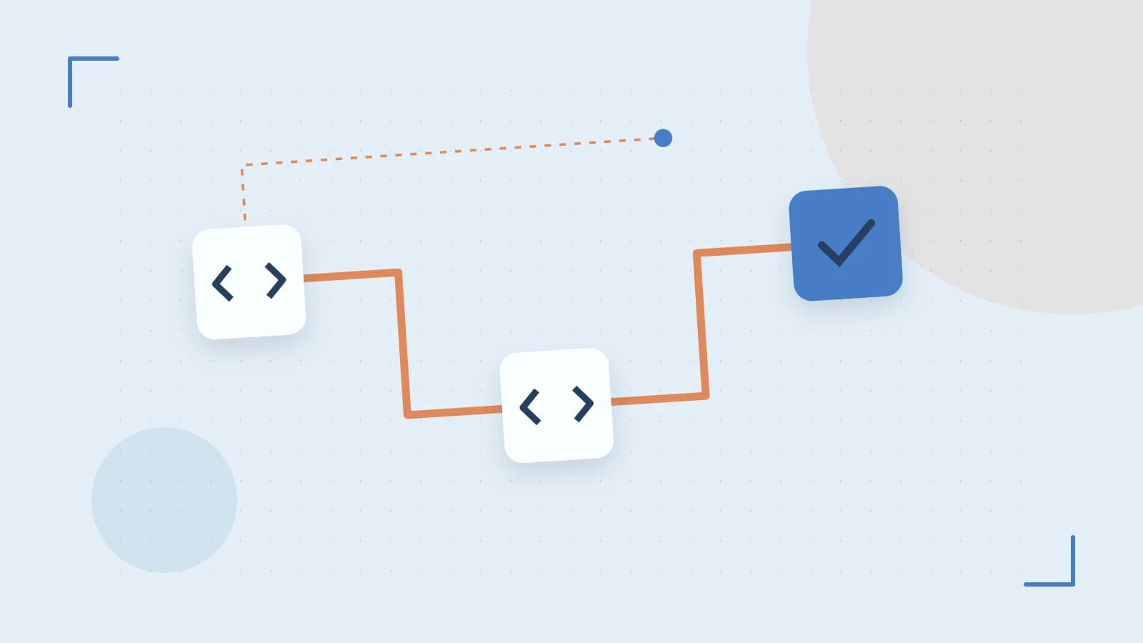 Editorial illustration of a branching build pipeline, staged transformations and a completed check