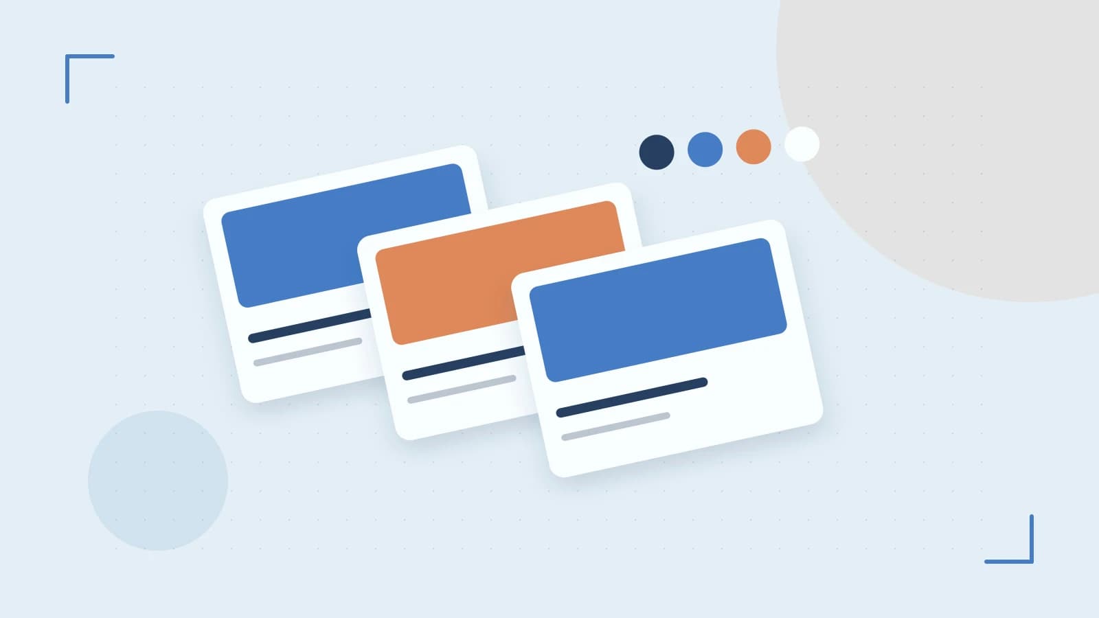 Editorial illustration of responsive browser layouts, overlapping design components and a color system