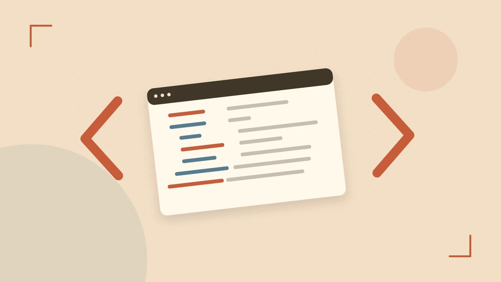 Editorial illustration of an abstract code editor, syntax blocks and oversized programming brackets