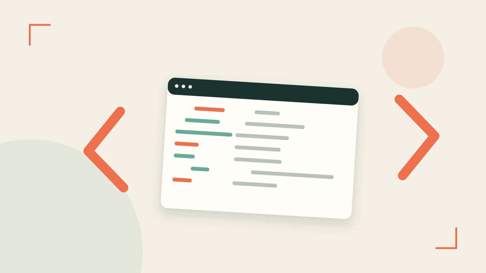 Editorial illustration of an abstract code editor, syntax blocks and oversized programming brackets