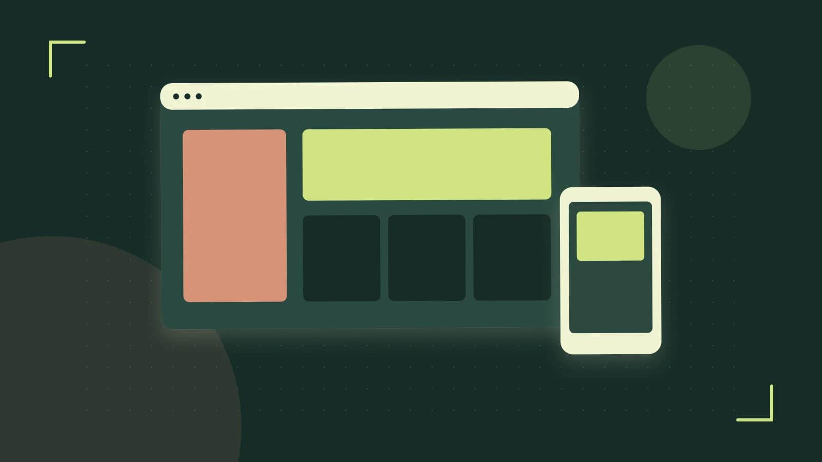 Editorial illustration of responsive browser layouts, overlapping design components and a color system
