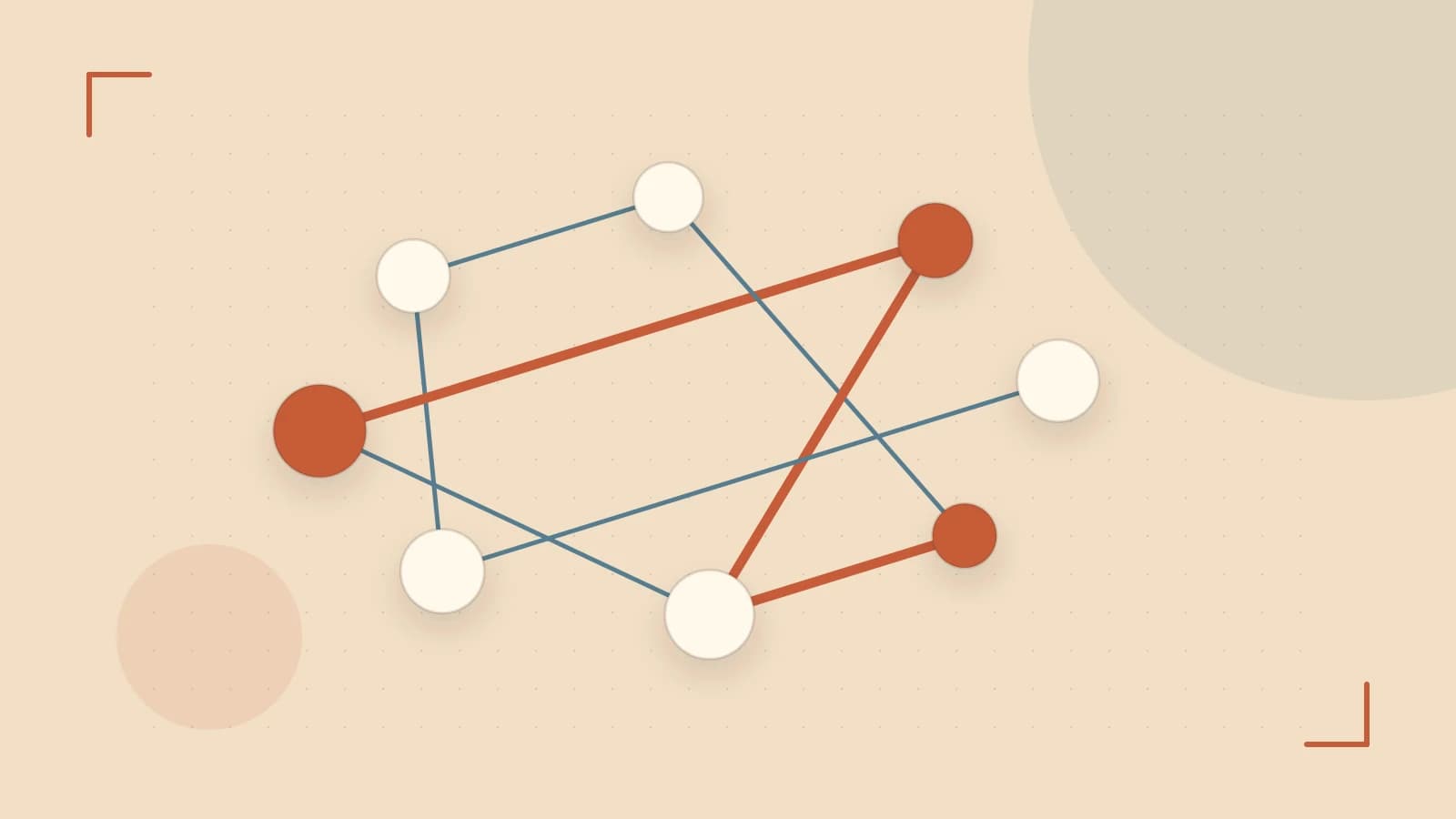 Editorial illustration of an algorithmic node graph with branching paths and a highlighted result