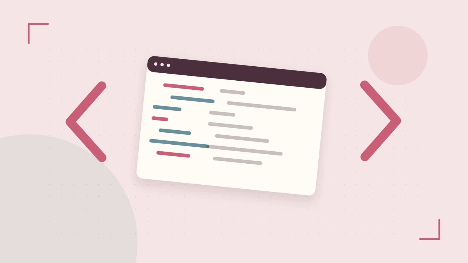 Editorial illustration of an abstract code editor, syntax blocks and oversized programming brackets