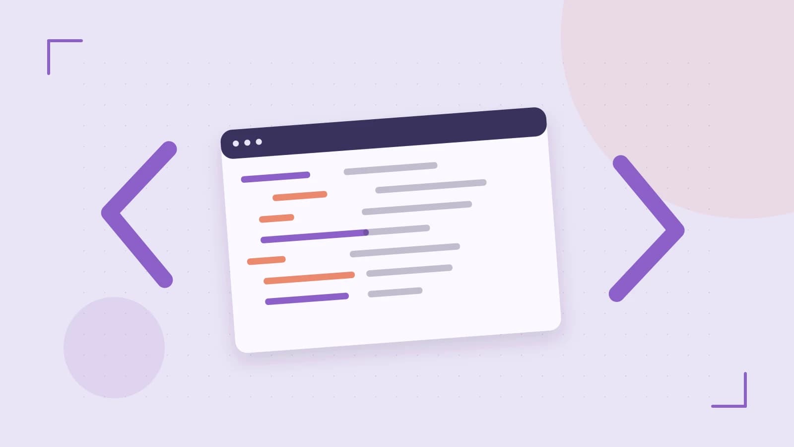 Editorial illustration of an abstract code editor, syntax blocks and oversized programming brackets
