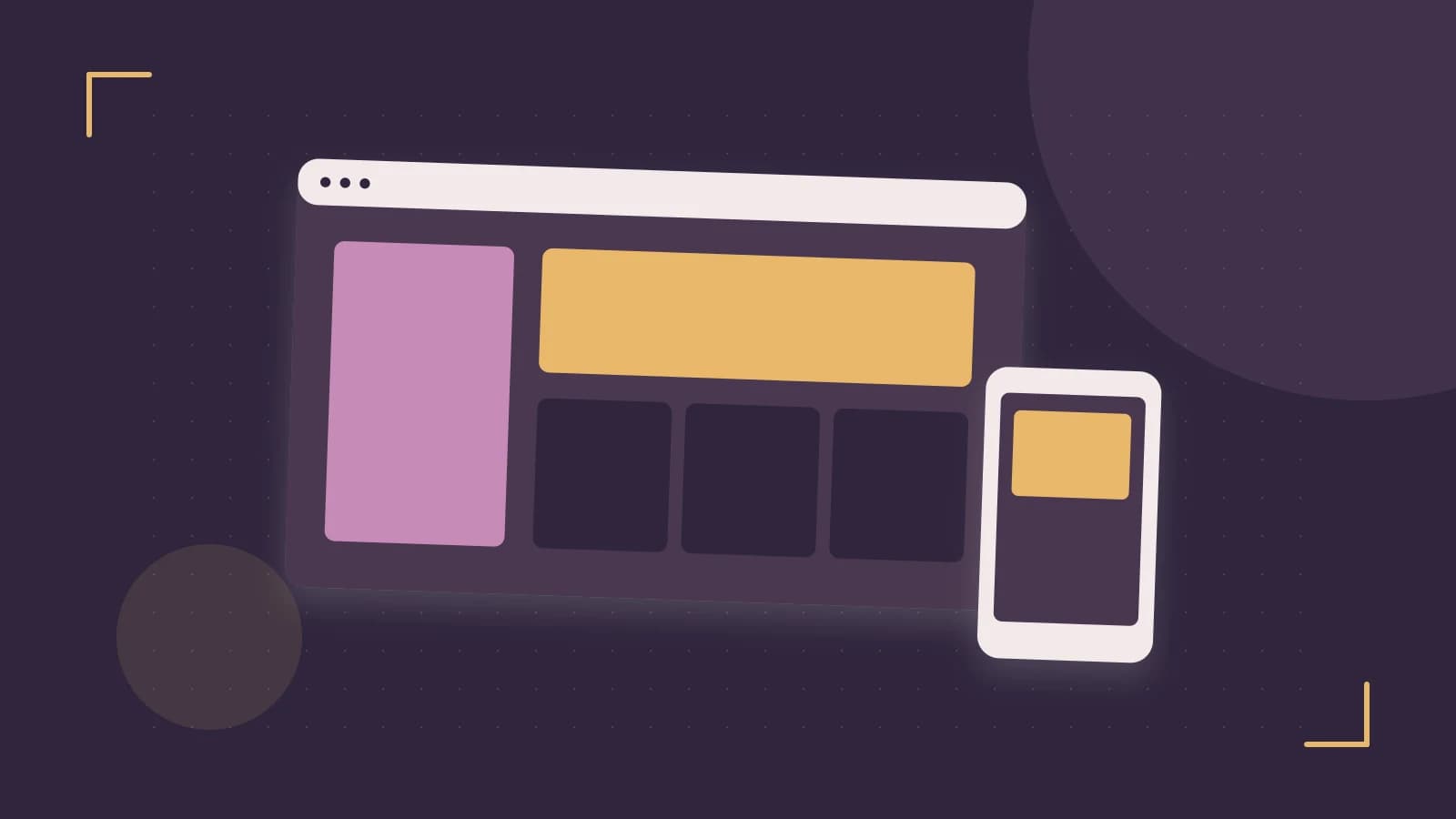 Editorial illustration of responsive browser layouts, overlapping design components and a color system
