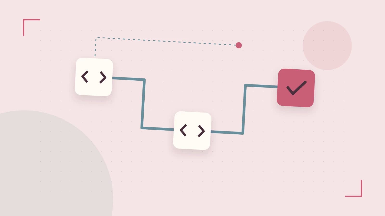 Editorial illustration of a branching build pipeline, staged transformations and a completed check