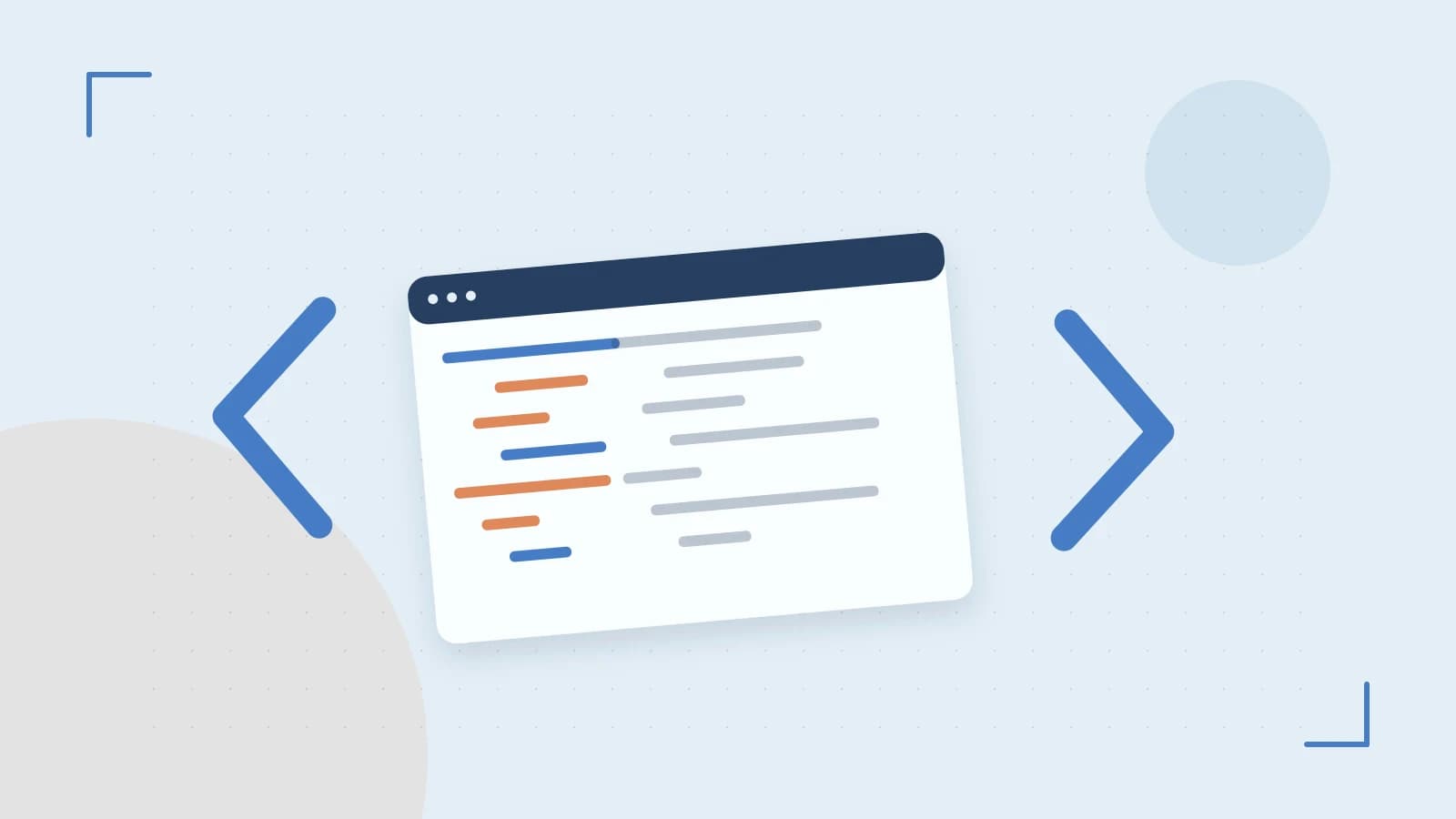 Editorial illustration of an abstract code editor, syntax blocks and oversized programming brackets