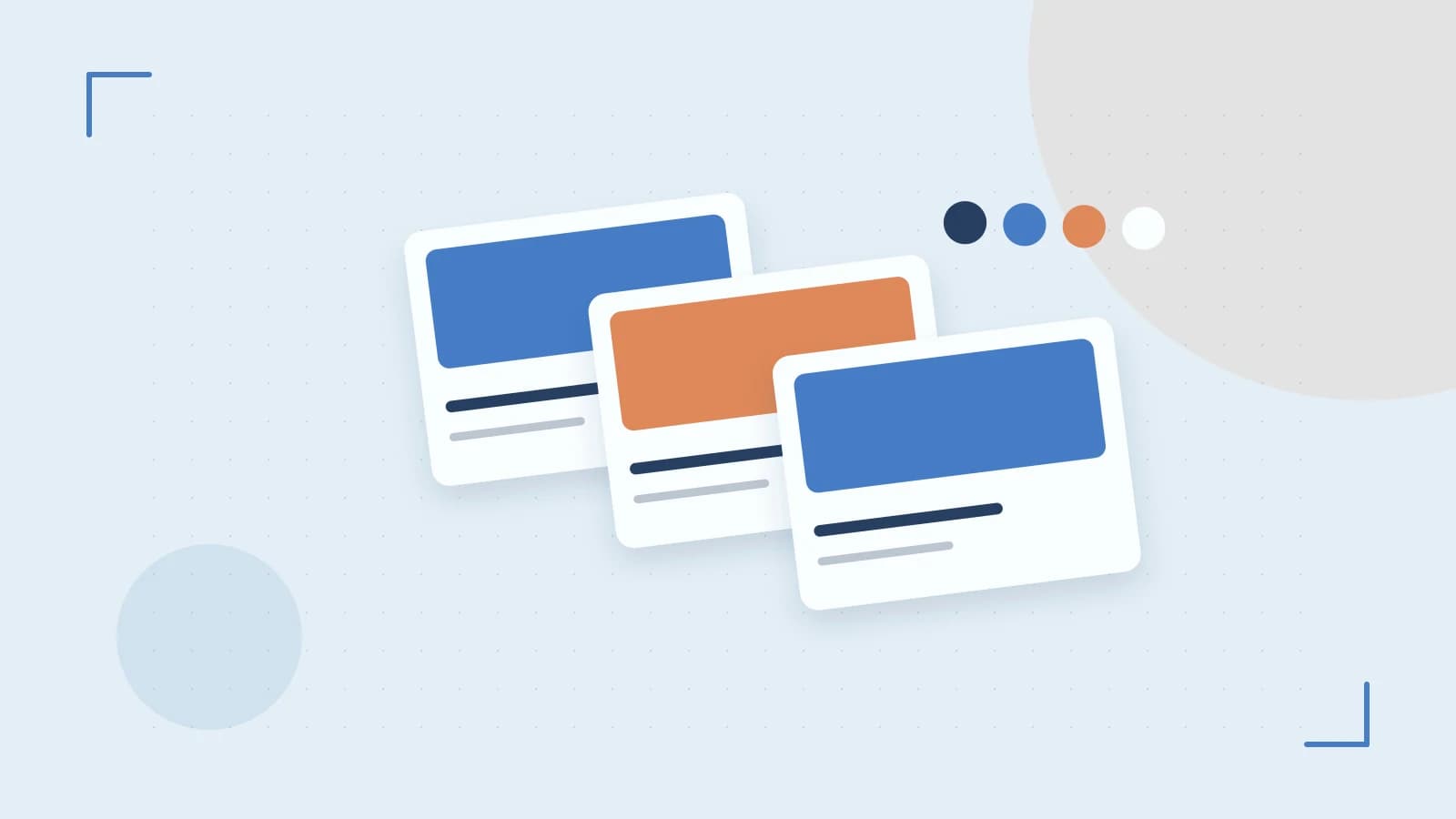 Editorial illustration of responsive browser layouts, overlapping design components and a color system