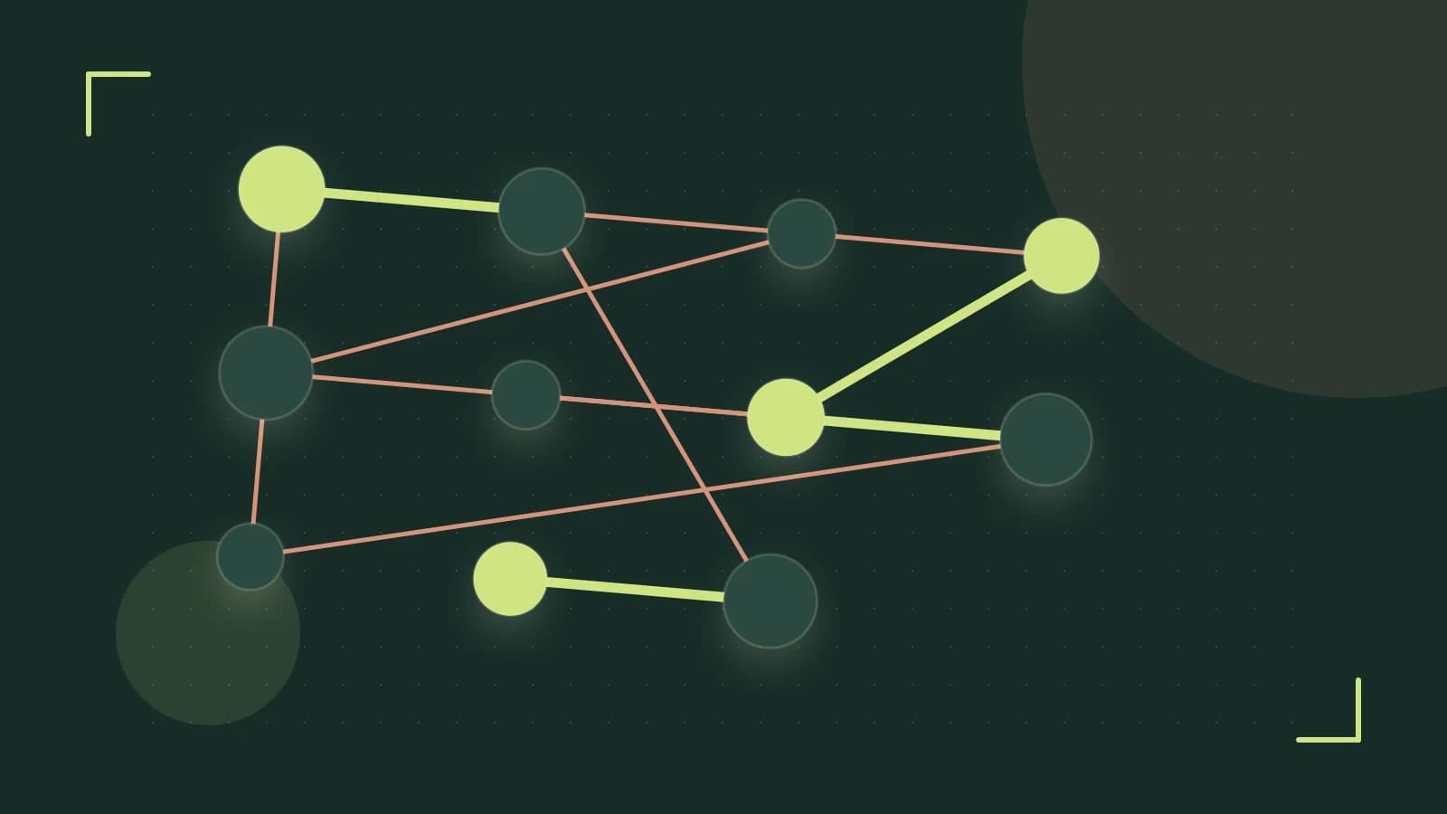 Editorial illustration of an algorithmic node graph with branching paths and a highlighted result