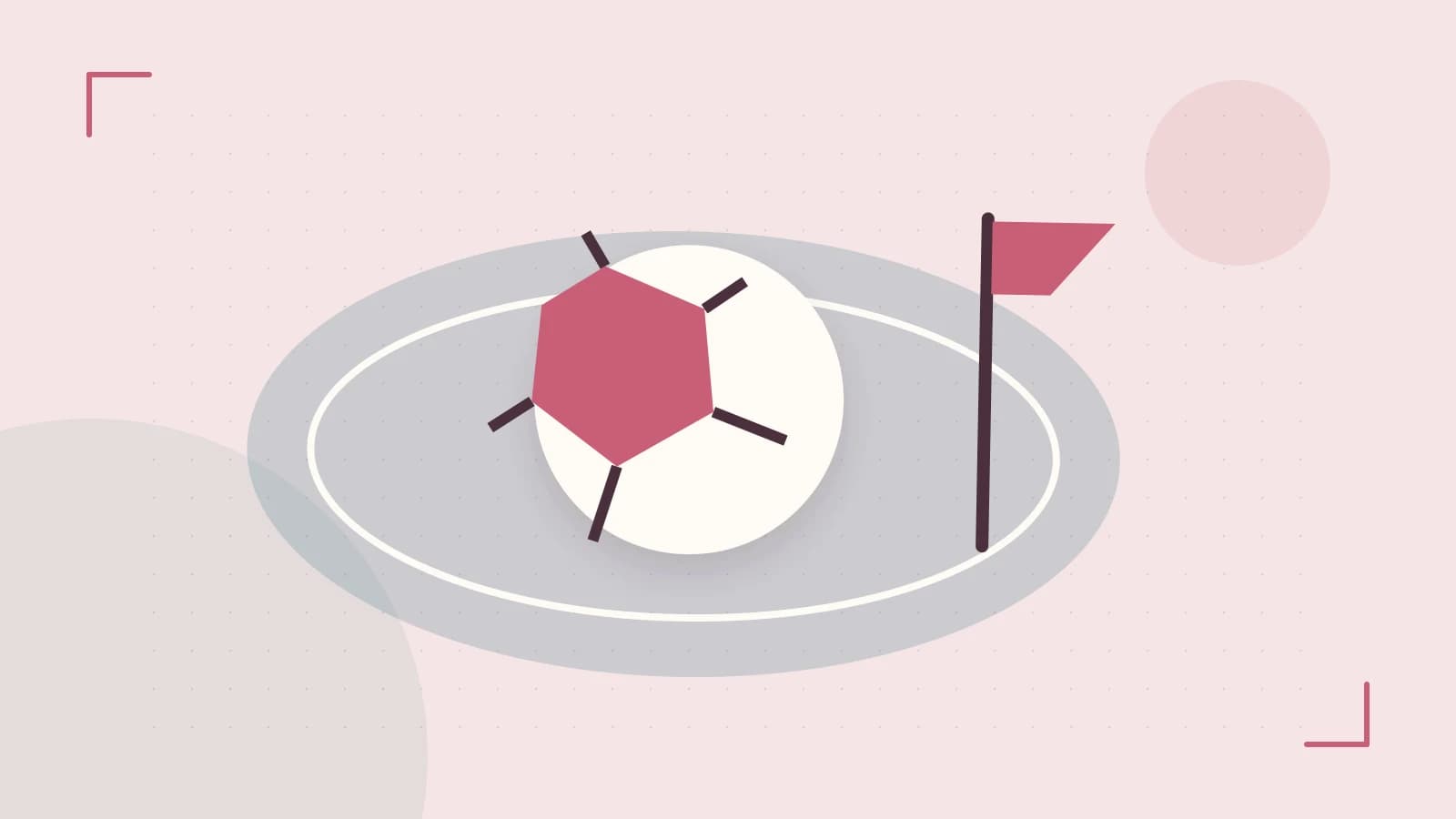 Editorial illustration of a stylized sports ball, stadium geometry and dynamic arcs