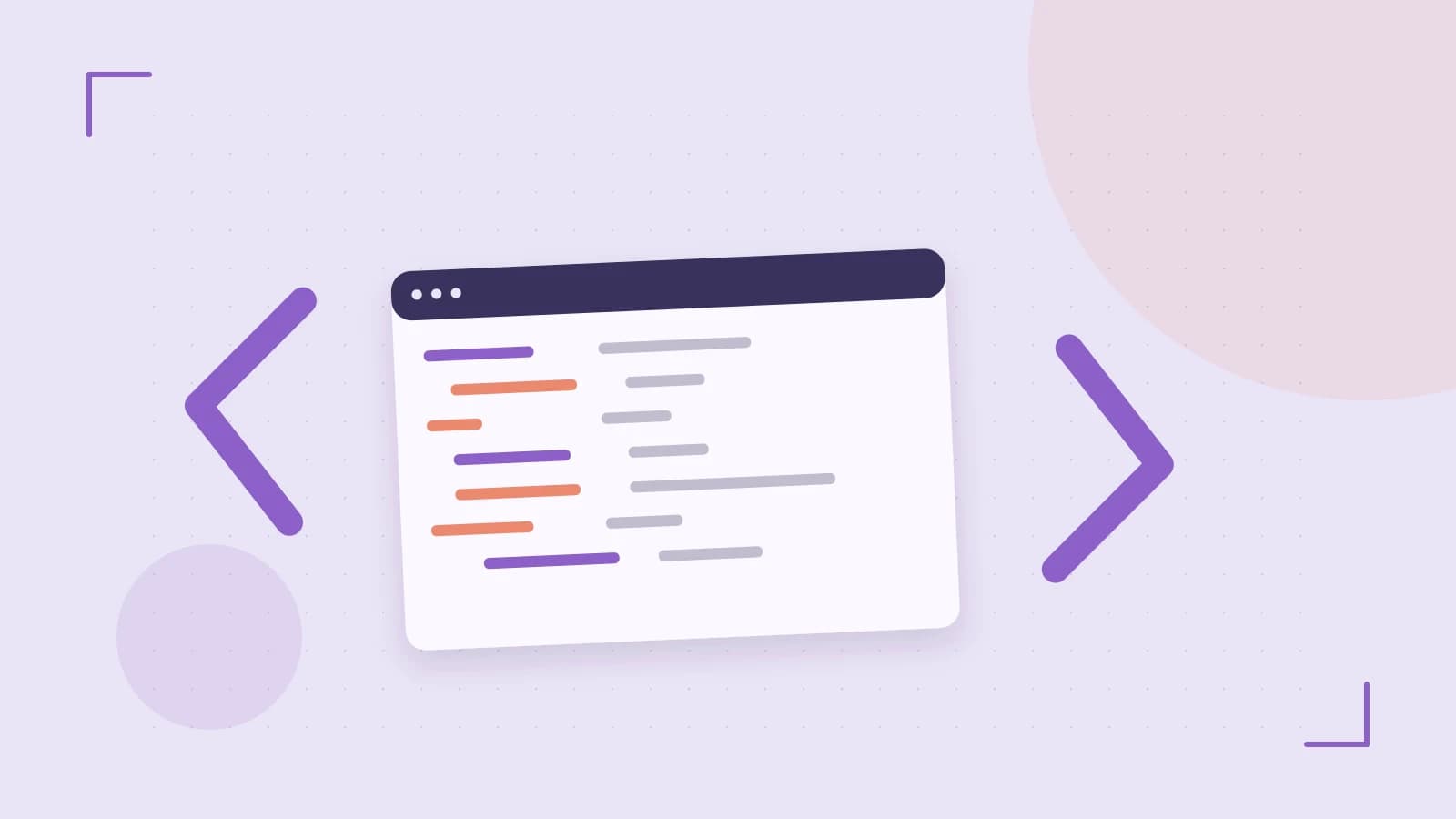 Editorial illustration of an abstract code editor, syntax blocks and oversized programming brackets