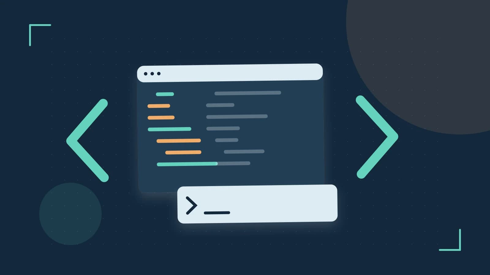 Editorial illustration of an abstract code editor, syntax blocks and oversized programming brackets
