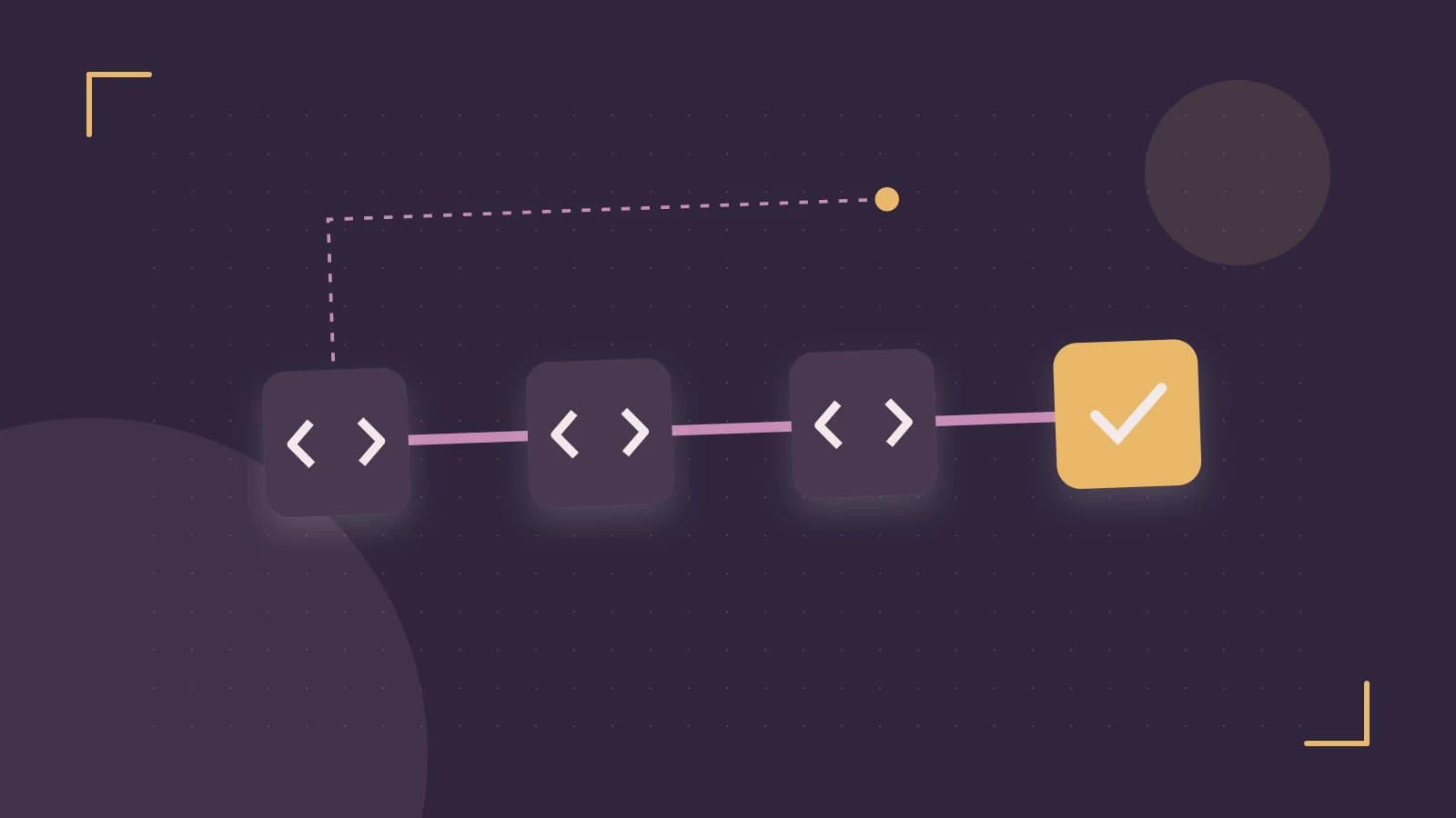Editorial illustration of a branching build pipeline, staged transformations and a completed check