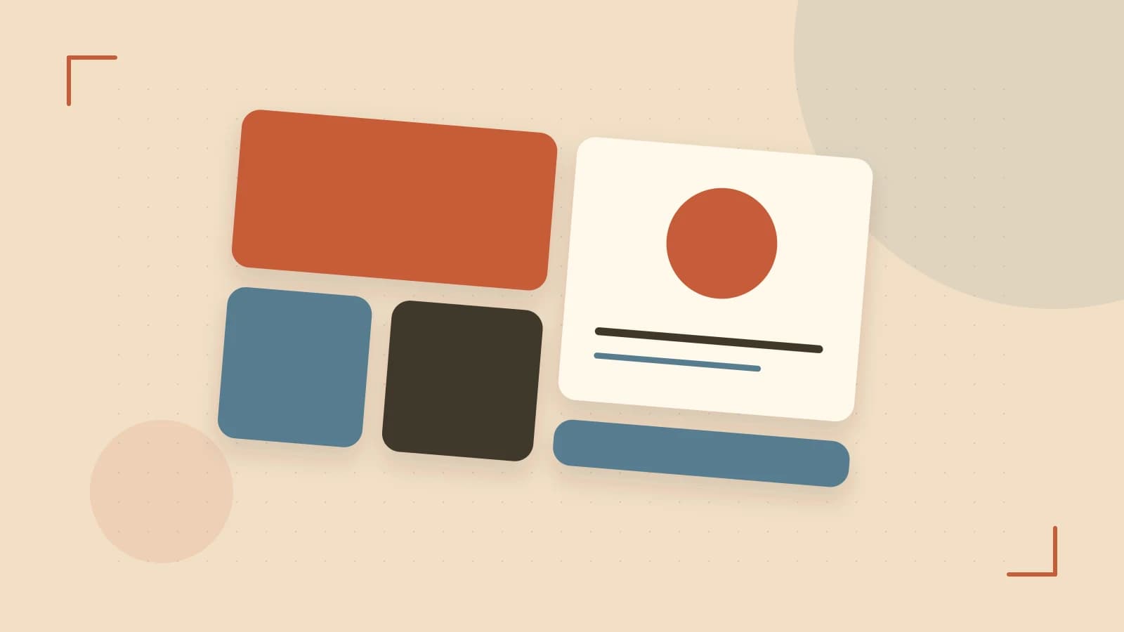 Editorial illustration of responsive browser layouts, overlapping design components and a color system