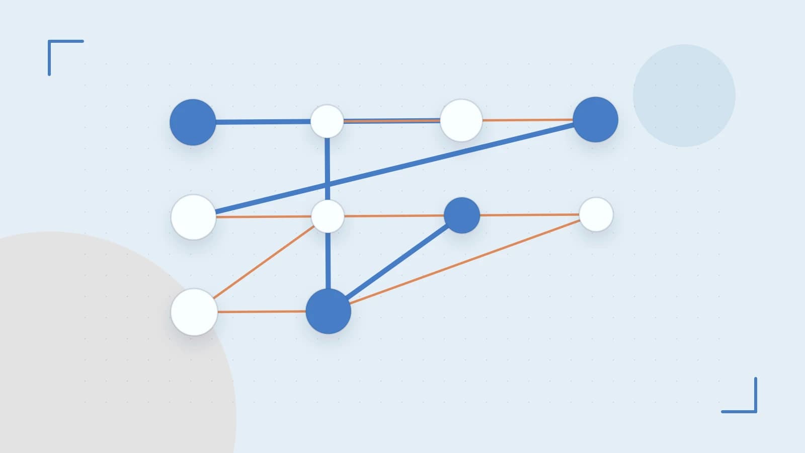 Editorial illustration of an algorithmic node graph with branching paths and a highlighted result