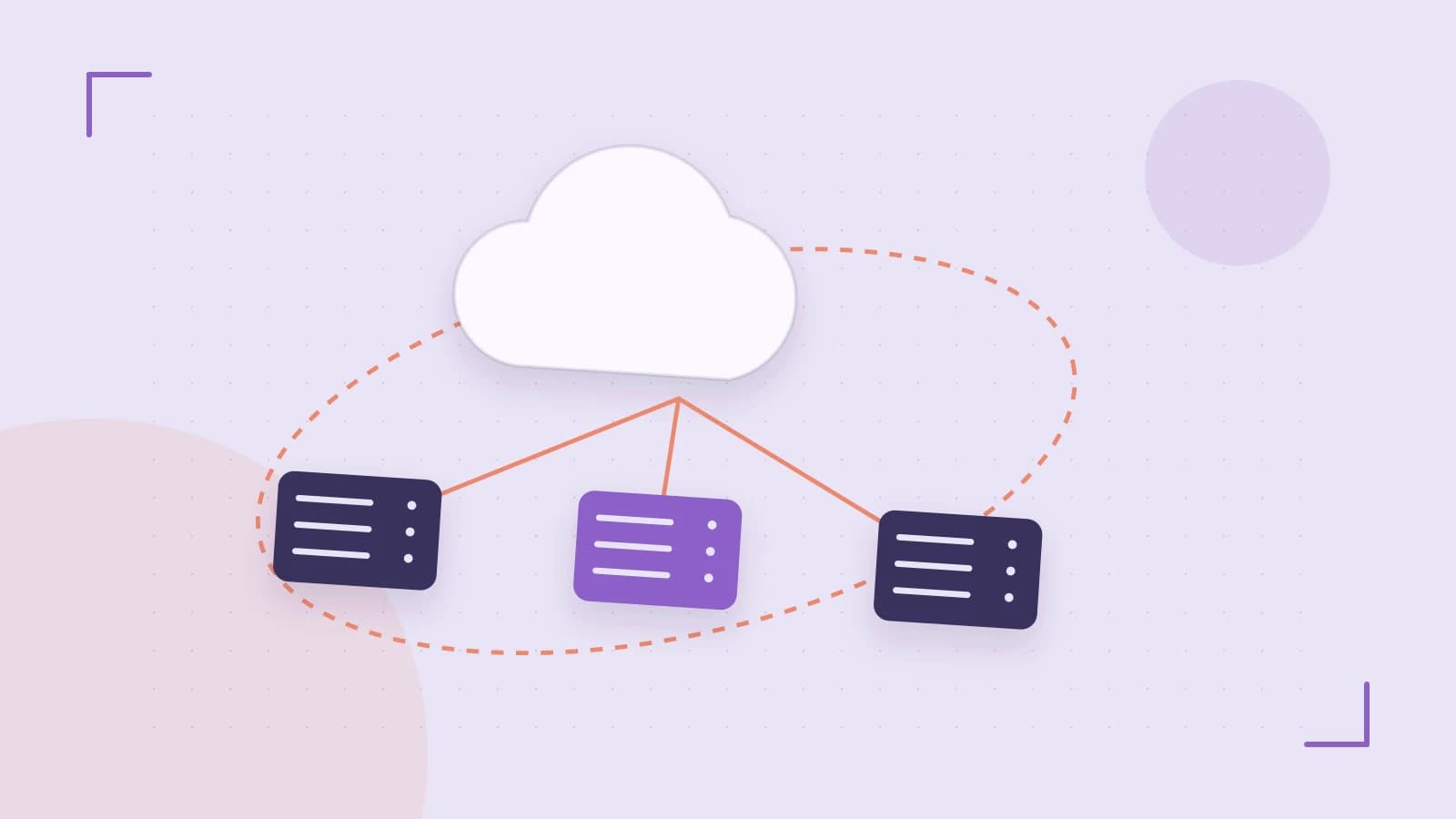 Editorial illustration of cloud infrastructure, connected server racks and an orbital service map