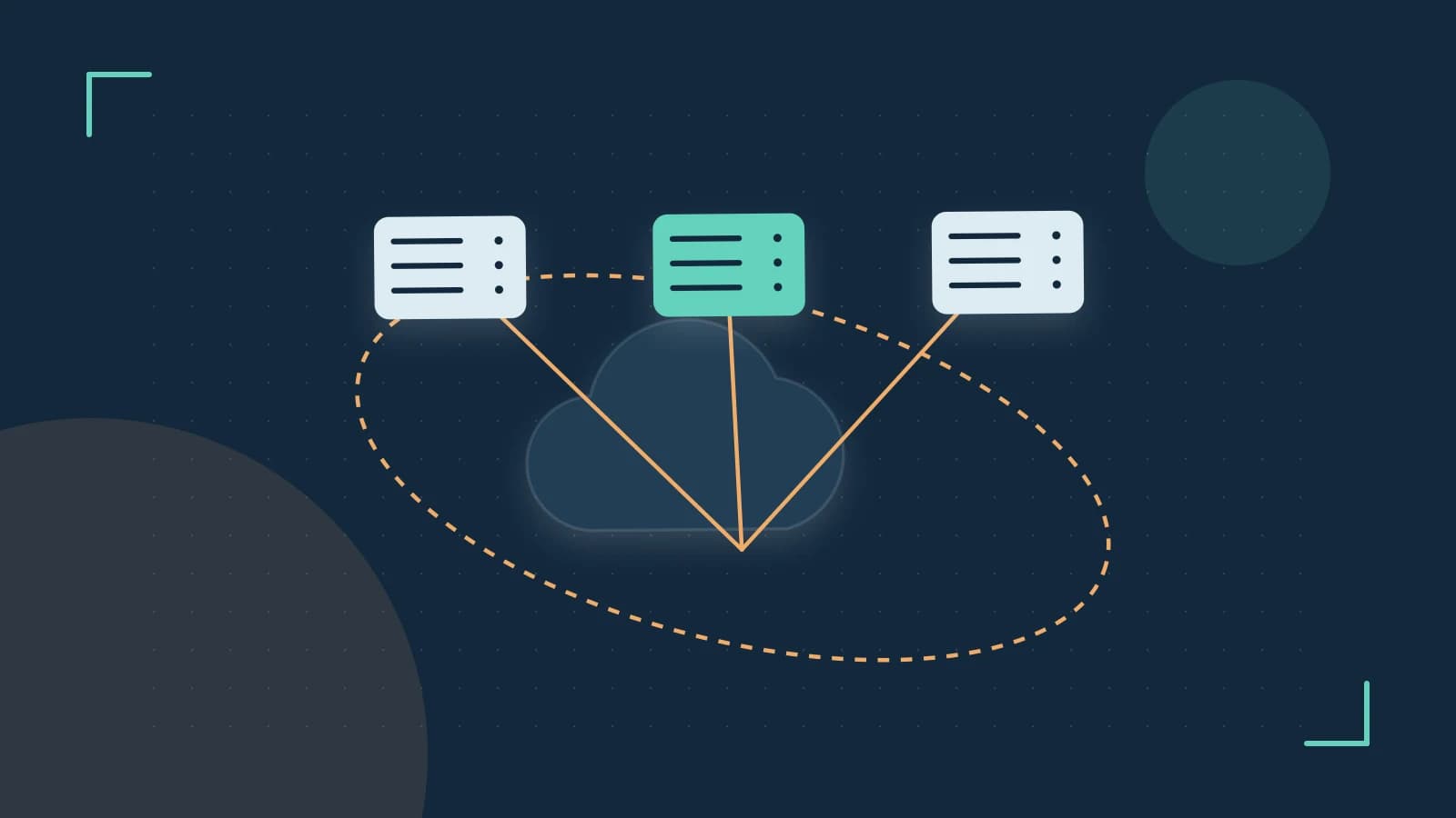 Editorial illustration of cloud infrastructure, connected server racks and an orbital service map