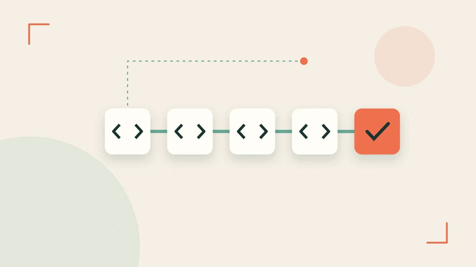 Editorial illustration of a branching build pipeline, staged transformations and a completed check