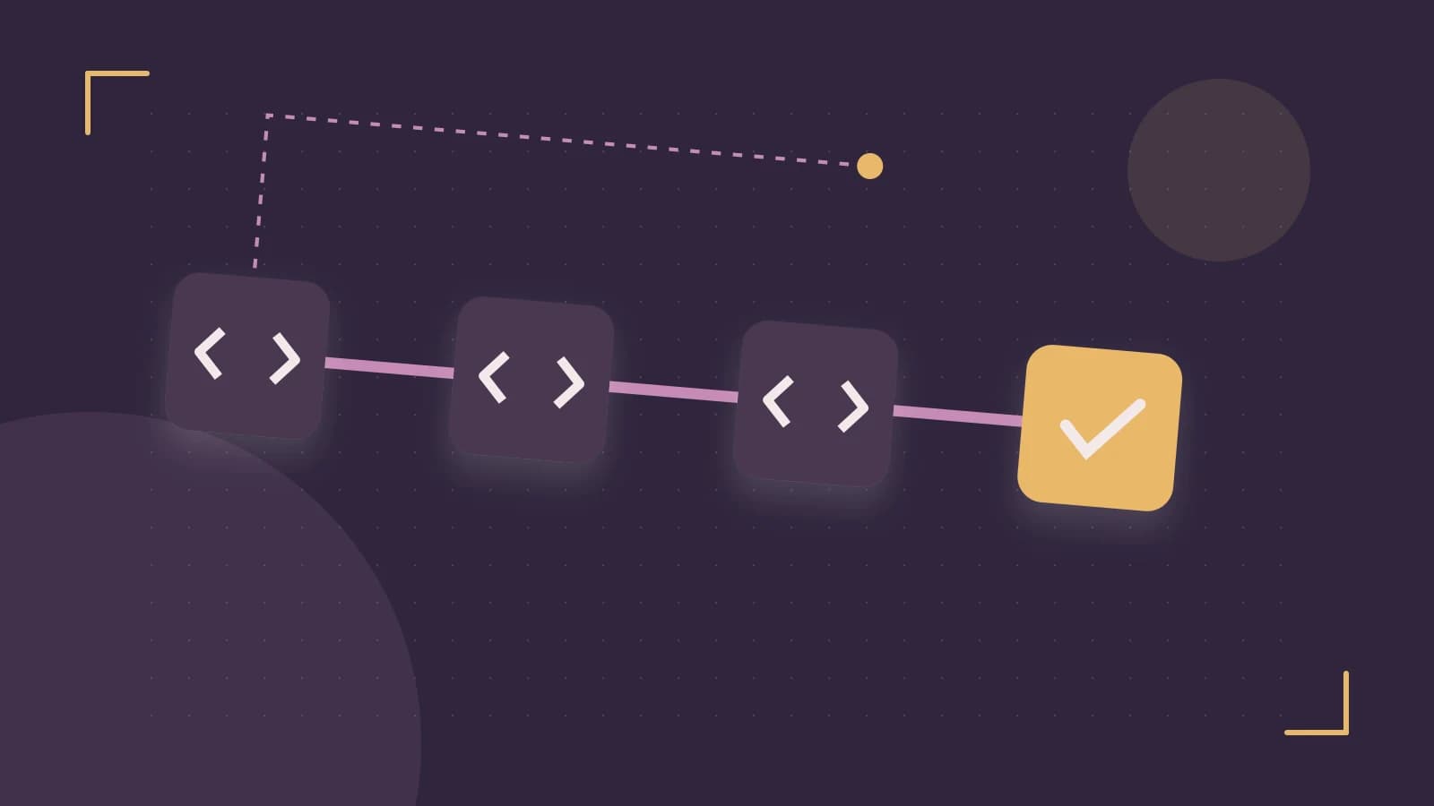Editorial illustration of a branching build pipeline, staged transformations and a completed check
