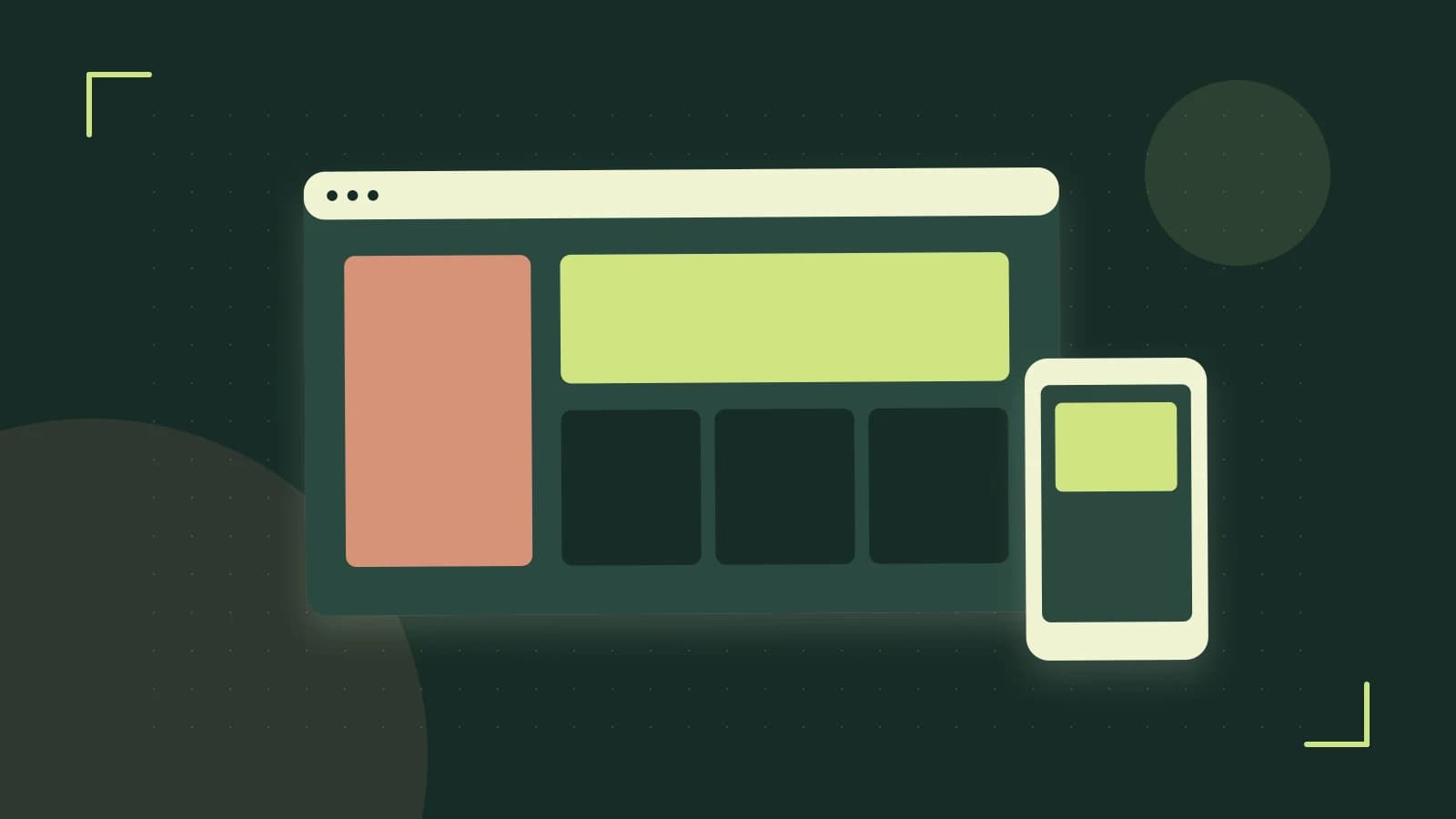 Editorial illustration of responsive browser layouts, overlapping design components and a color system