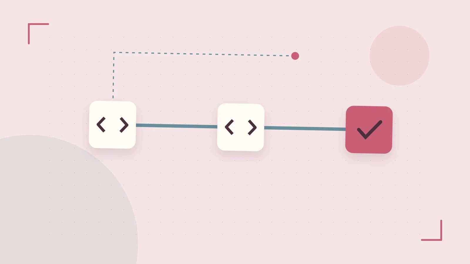 Editorial illustration of a branching build pipeline, staged transformations and a completed check