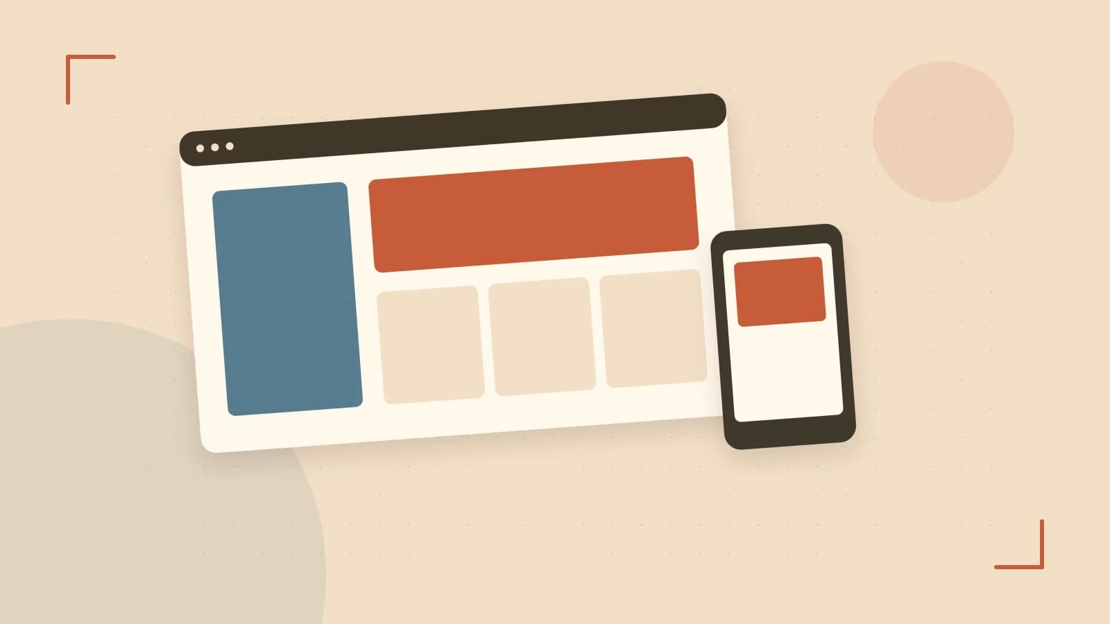 Editorial illustration of responsive browser layouts, overlapping design components and a color system
