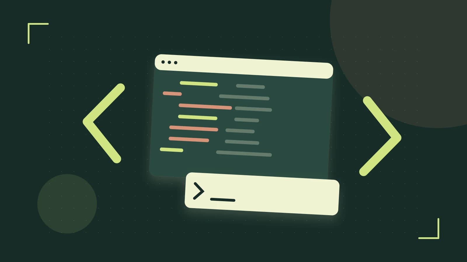 Editorial illustration of an abstract code editor, syntax blocks and oversized programming brackets