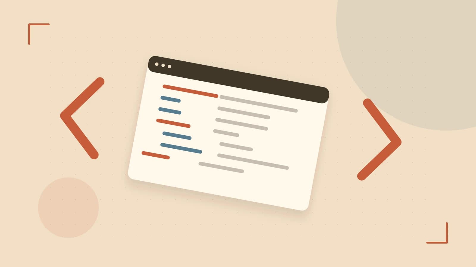 Editorial illustration of an abstract code editor, syntax blocks and oversized programming brackets