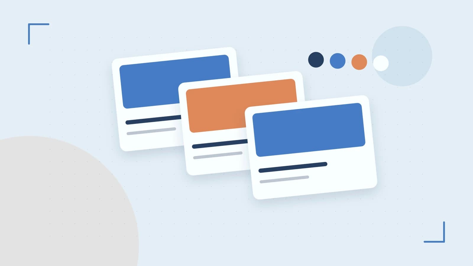 Editorial illustration of responsive browser layouts, overlapping design components and a color system