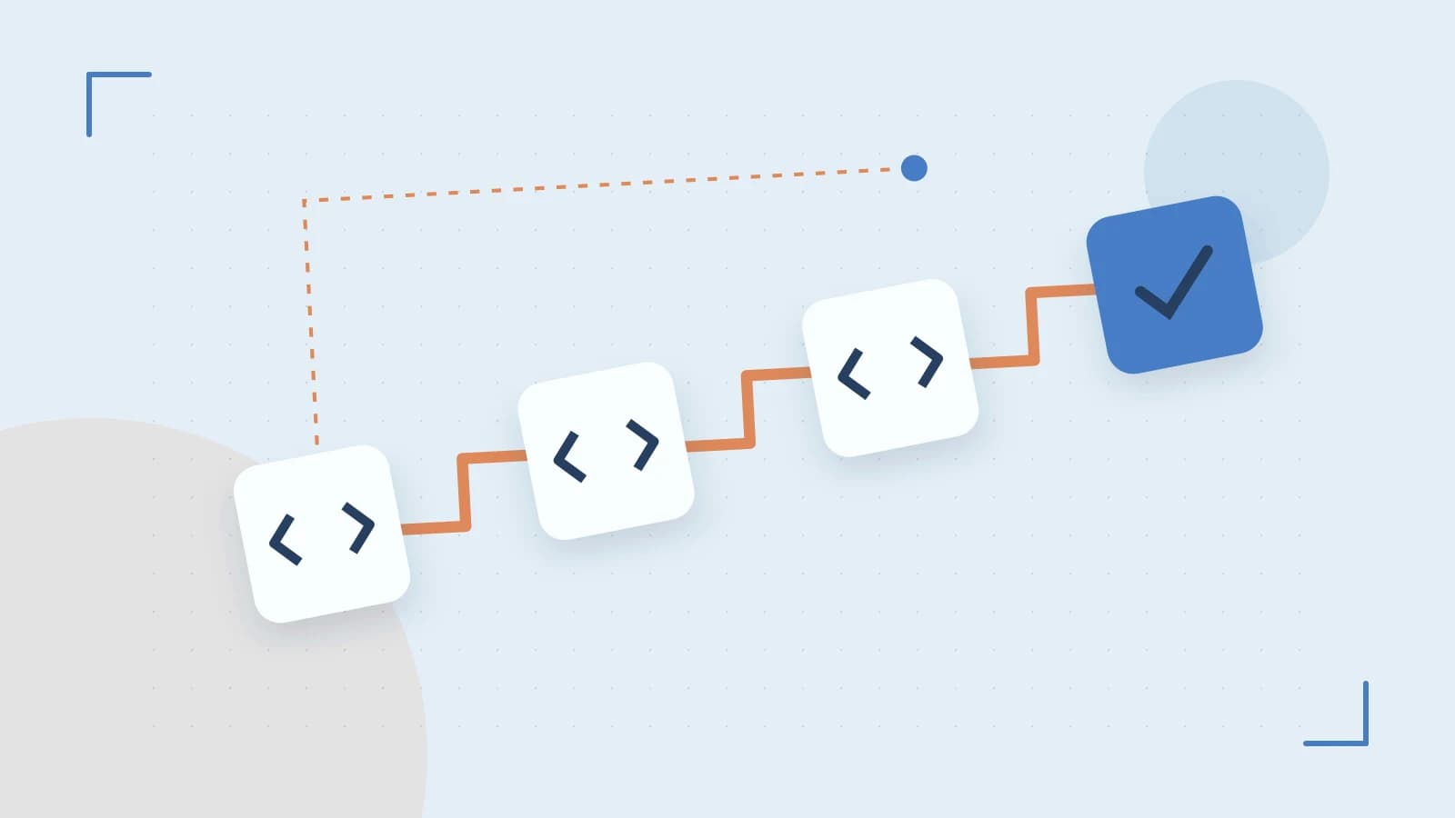 Editorial illustration of a branching build pipeline, staged transformations and a completed check