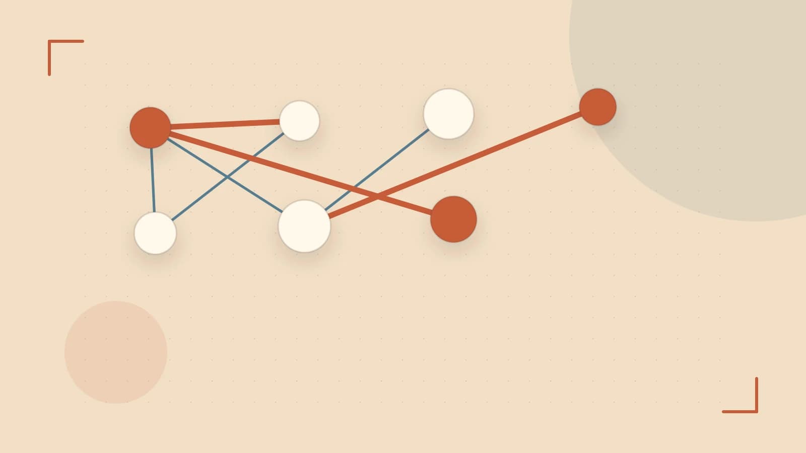 Editorial illustration of an algorithmic node graph with branching paths and a highlighted result