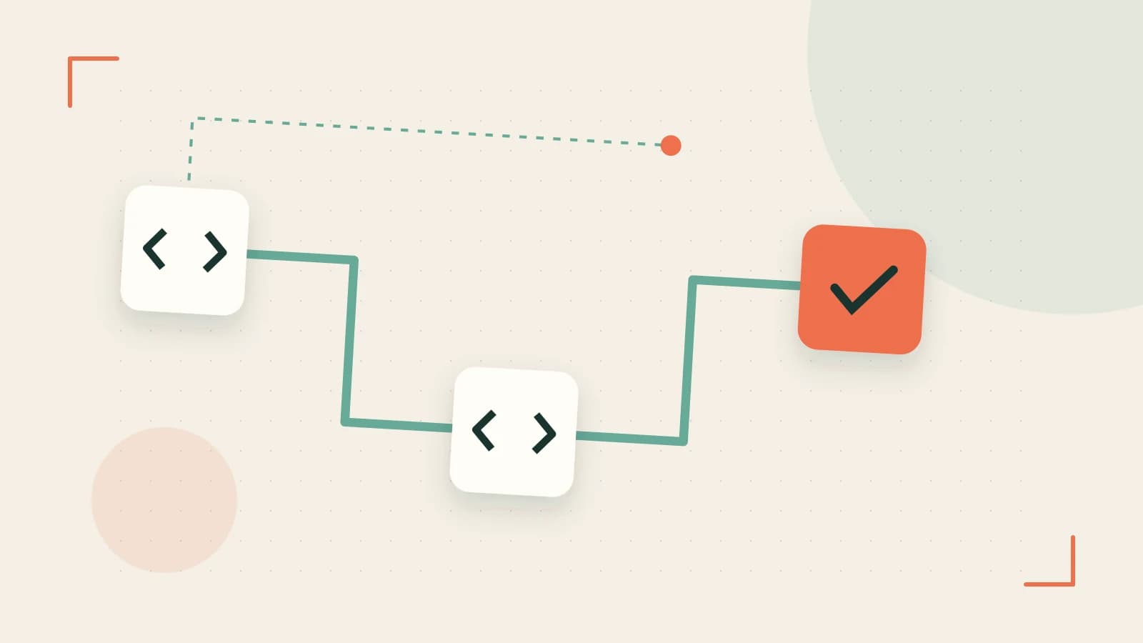 Editorial illustration of a branching build pipeline, staged transformations and a completed check