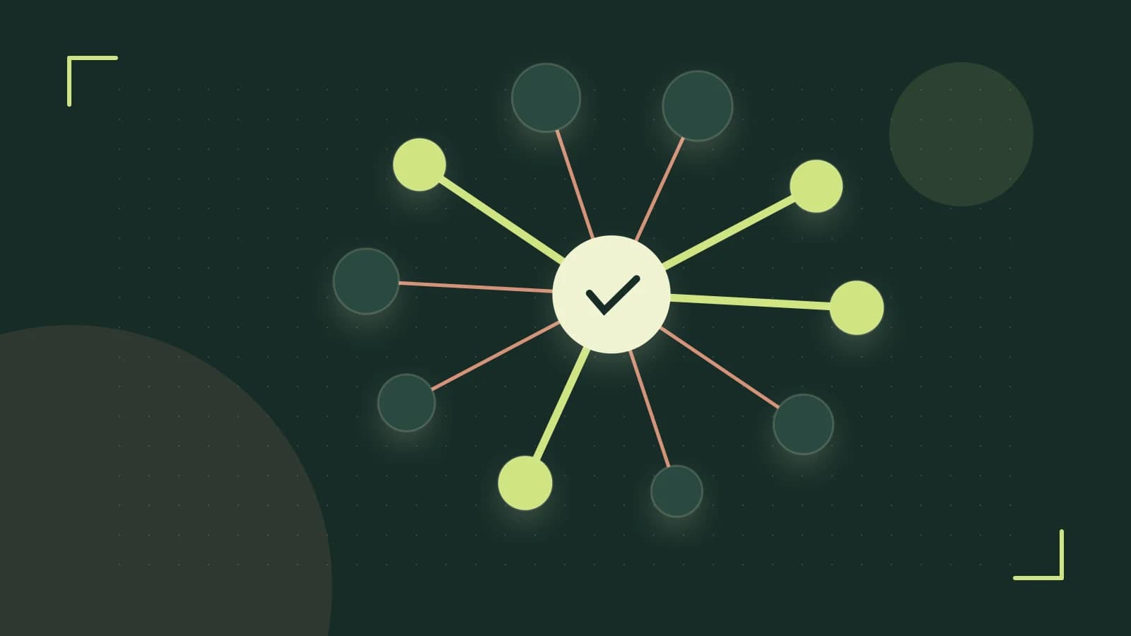 Editorial illustration of an algorithmic node graph with branching paths and a highlighted result