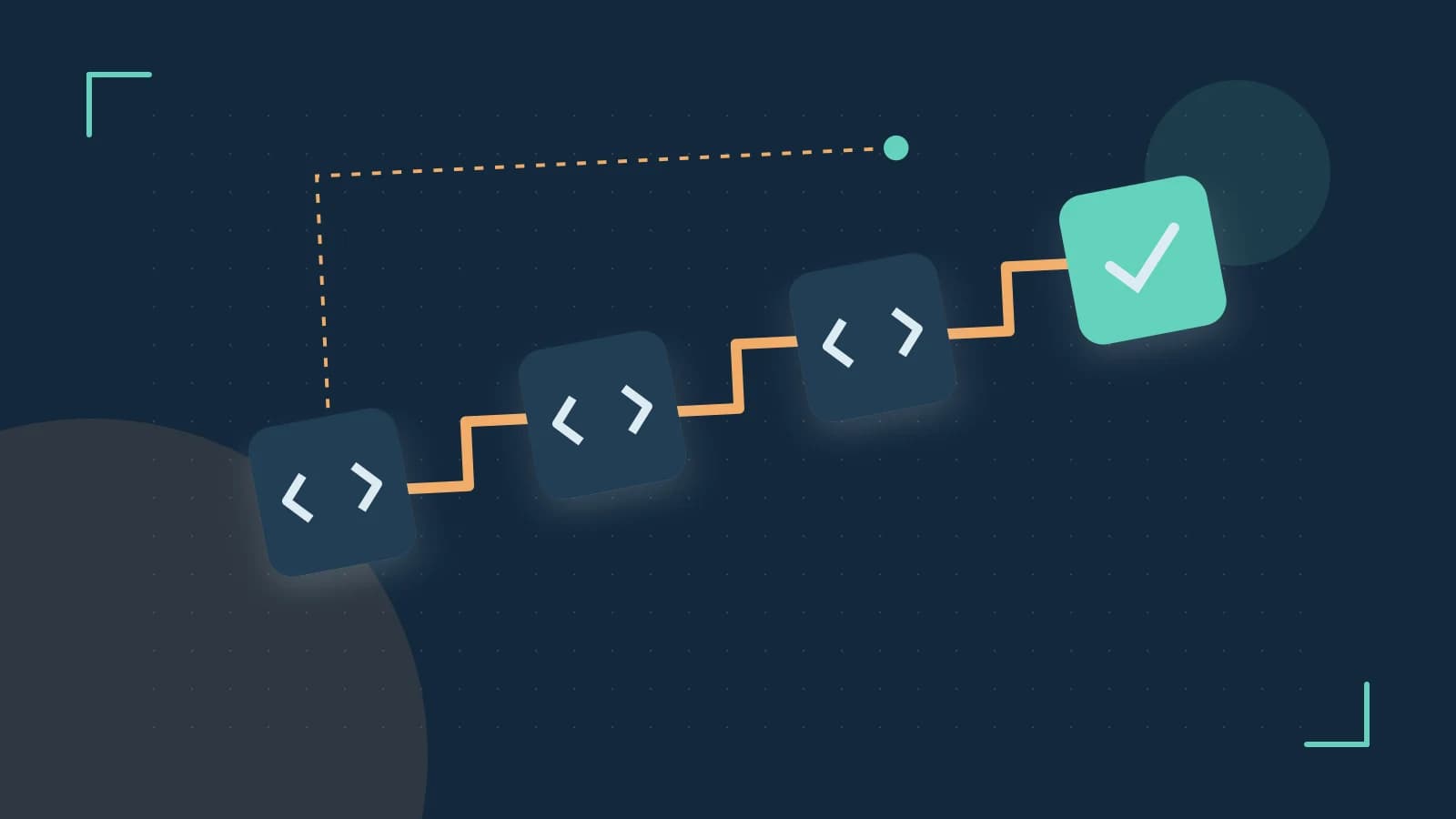 Editorial illustration of a branching build pipeline, staged transformations and a completed check
